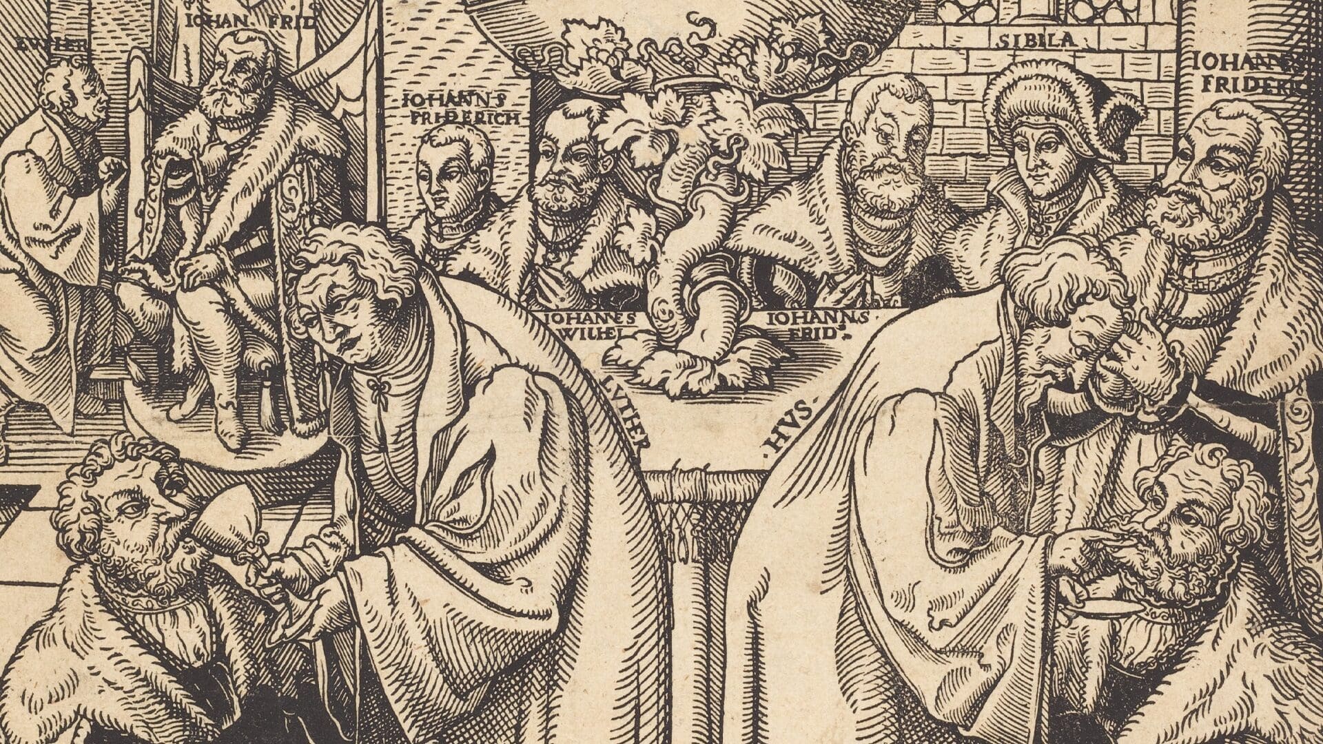 A detailed woodcut depicts several robed figures around a table, with some administering drinks to others. Labeled names and elaborate facial expressions suggest a historical or ceremonial scene.