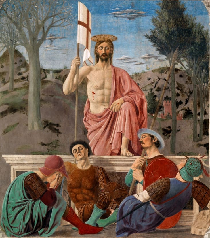 A painting depicts the resurrected Christ standing with a white flag and red cross, draped in a pink robe, while four armored soldiers sleep at the base of a stone tomb, set in a natural landscape with trees.