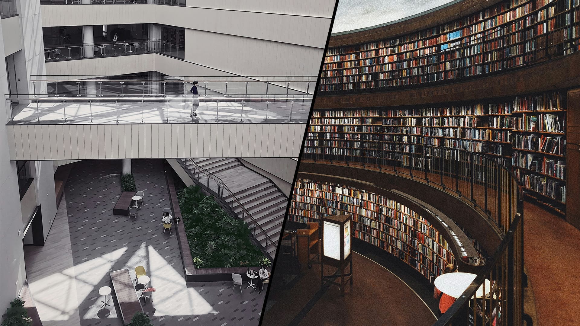 A split image shows a modern, open atrium with few people and seating on the left, and a classic circular library with rows of packed bookshelves and a reading area on the right.