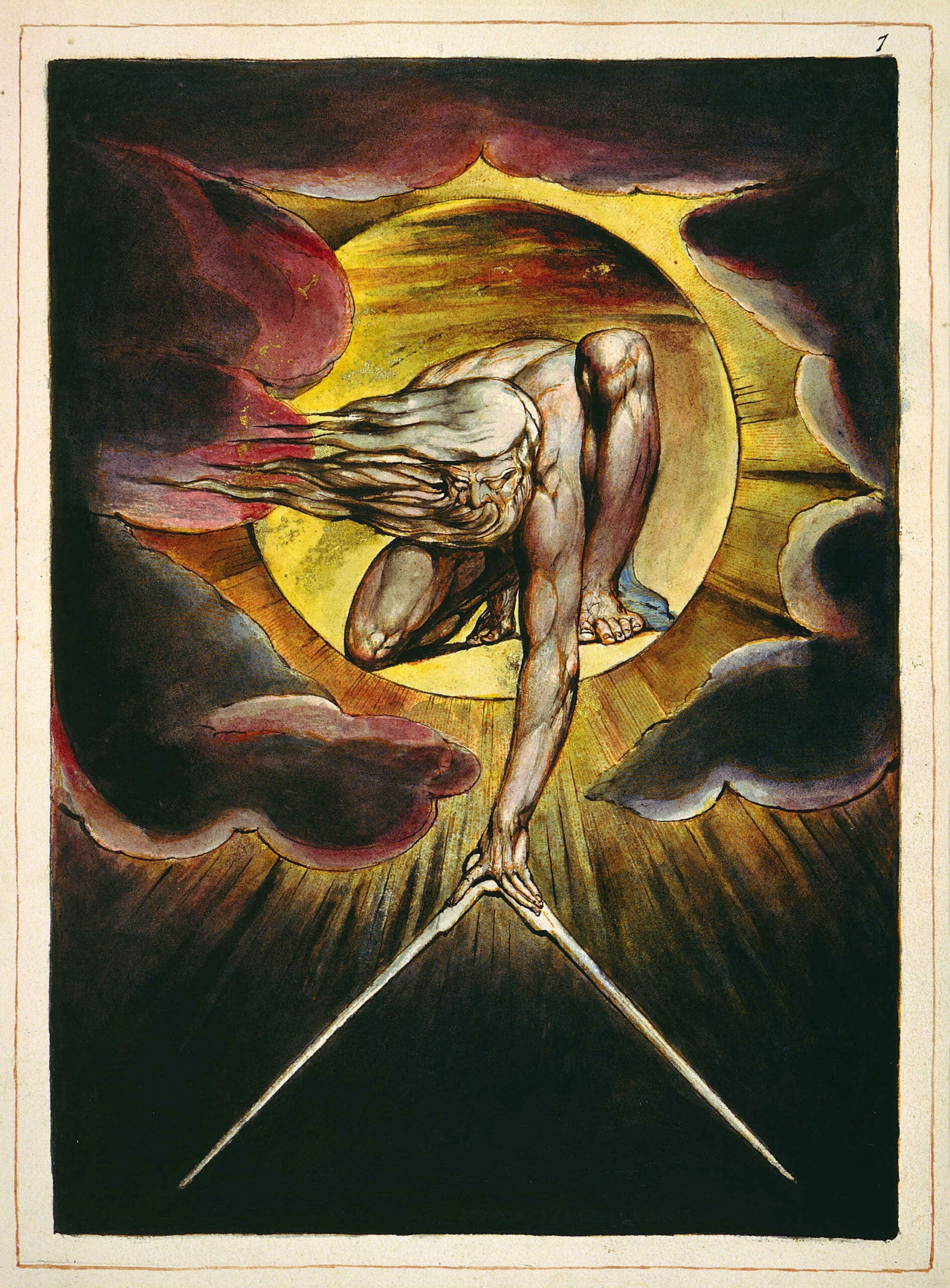A muscular, bearded figure with flowing white hair crouches within a glowing sun, reaching down with a large compass. Dark clouds frame the scene, and beams of light radiate below.