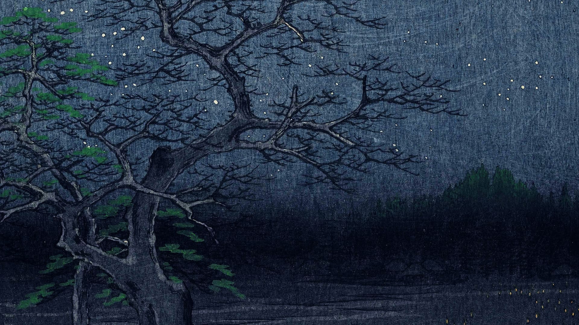 A dark, starry night scene with leafless trees in the foreground, sparse green foliage, and a shadowy forest in the background under a textured, deep blue sky.
