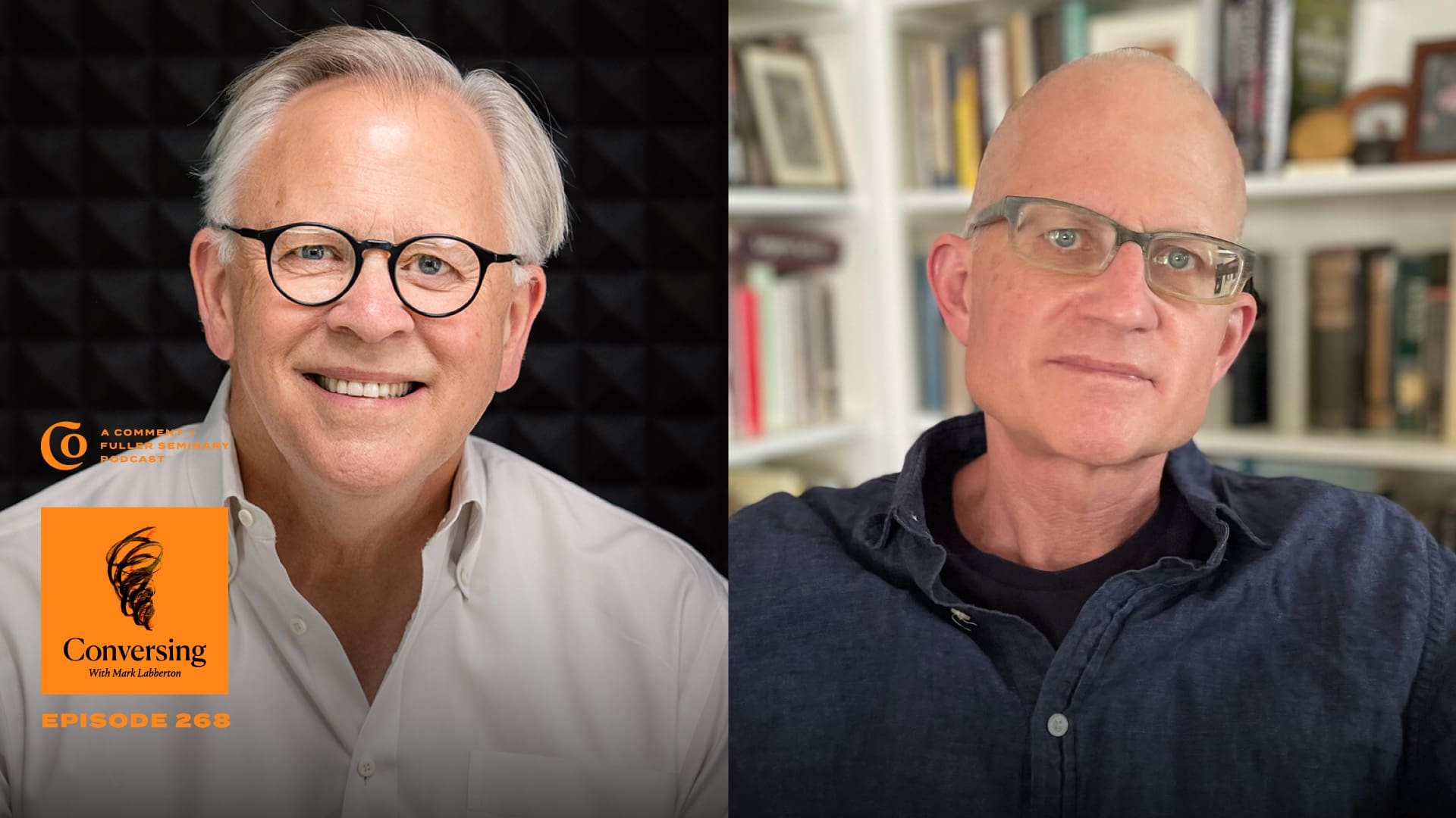 Two older men with glasses are shown side by side. The man on the left is smiling in front of a dark background; the man on the right has a neutral expression and is seated in front of bookshelves. Conversing podcast logo appears at the bottom left.