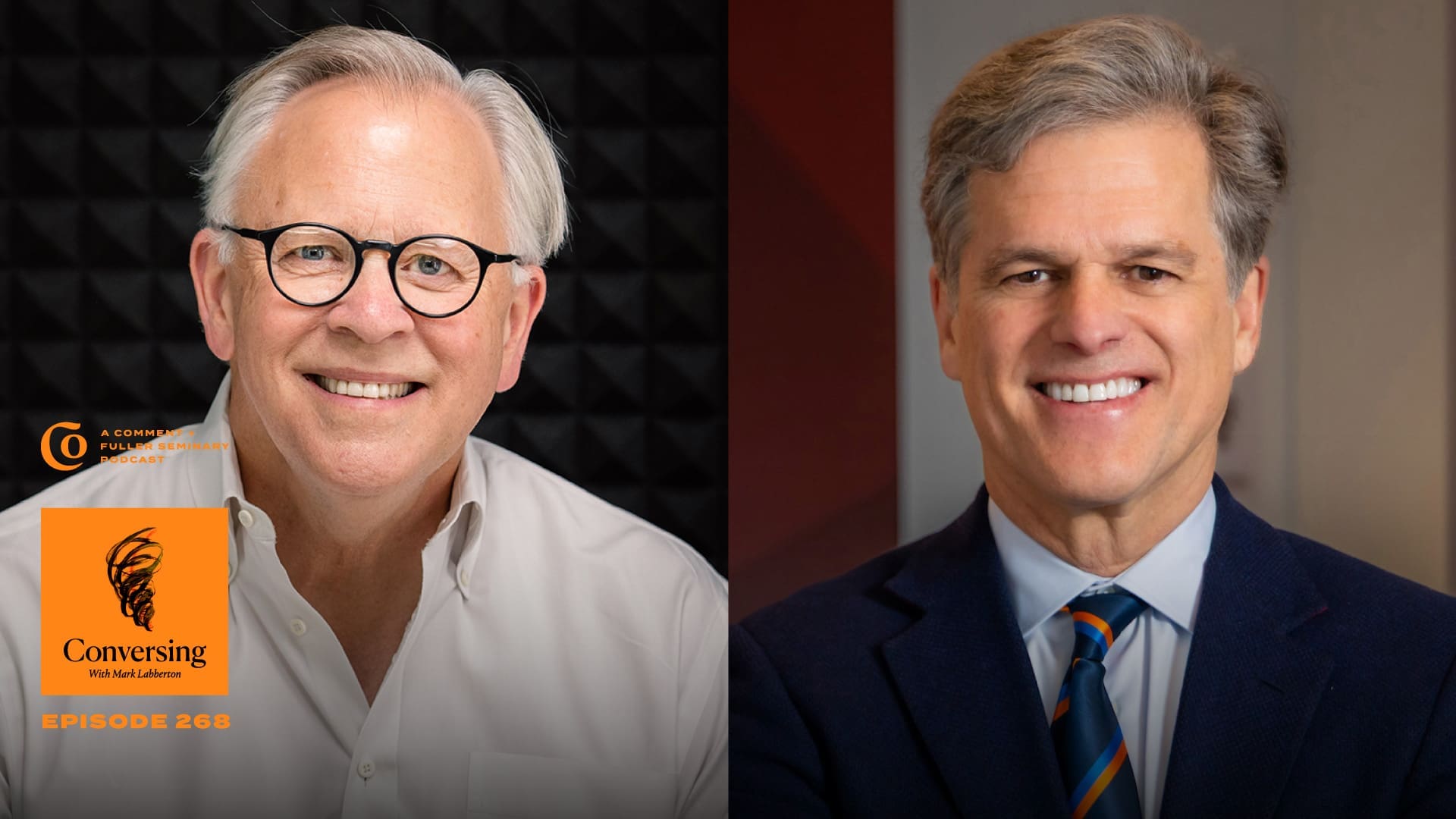 Two smiling middle-aged men are shown side by side. The man on the left wears glasses and a light shirt, while the man on the right wears a blue suit and striped tie. The Conversing podcast logo appears in the bottom left corner.