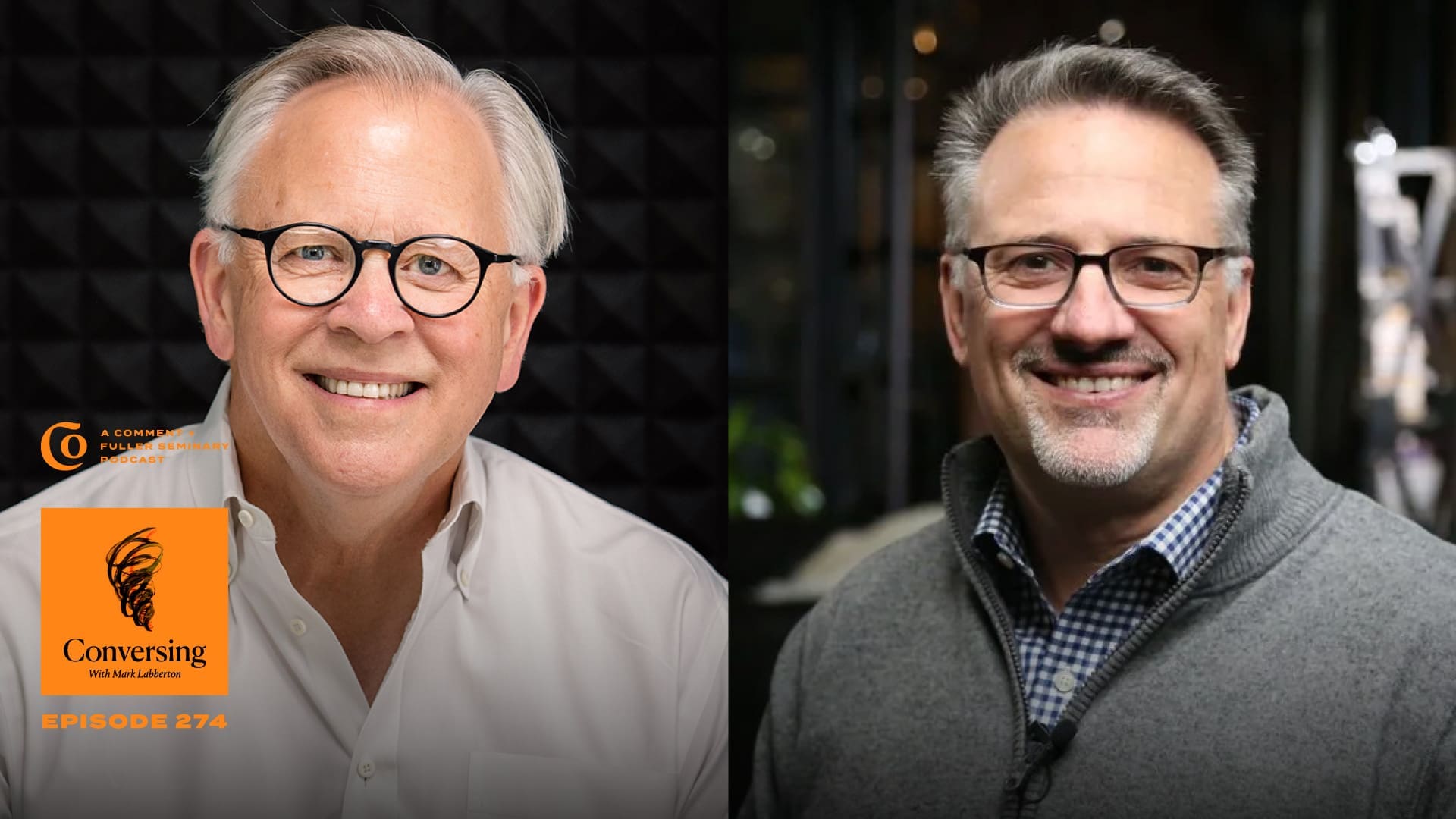 Two smiling men with glasses are shown side by side; the left stands before a black soundproof wall, the right before a blurred background. An orange Conversing podcast logo and Episode 274 appear in the lower left.