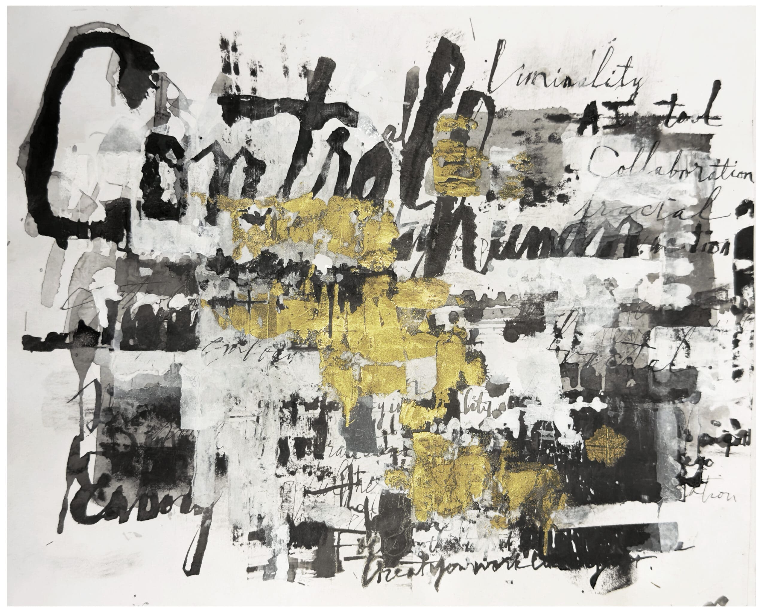 Abstract artwork with layered black, white, and gold brushstrokes, featuring expressive handwritten words like Control and Liminality. The text is partially obscured, creating a chaotic yet intriguing visual effect.