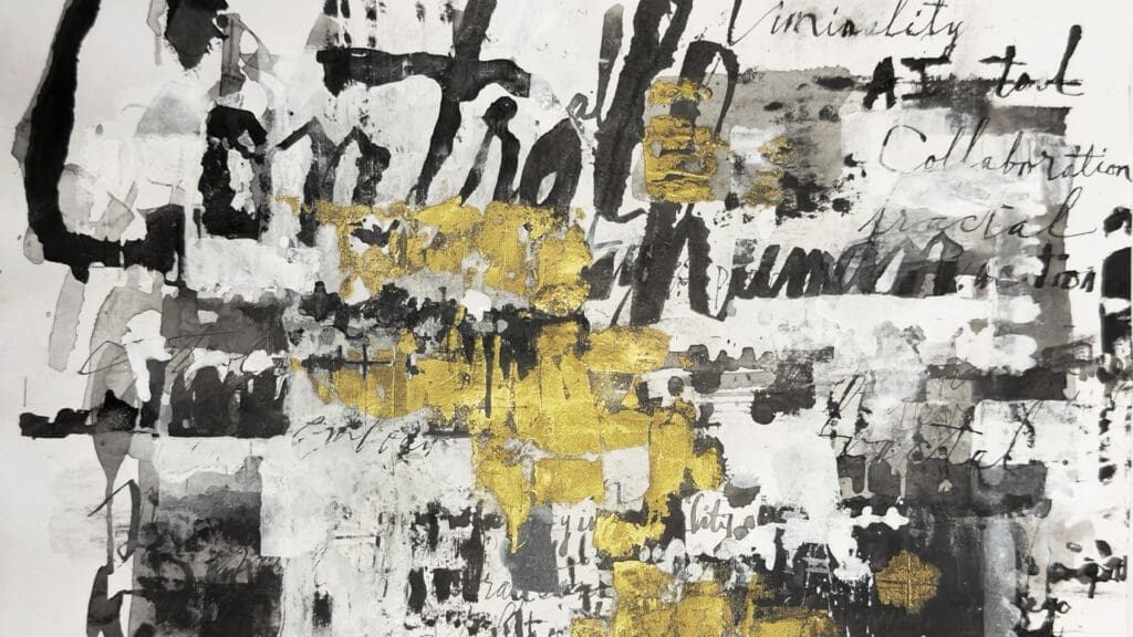 Abstract art with overlapping black, white, gray, and gold brushstrokes. Some handwritten words like Control and Collaboration are partially visible amid layered, textured paint effects.