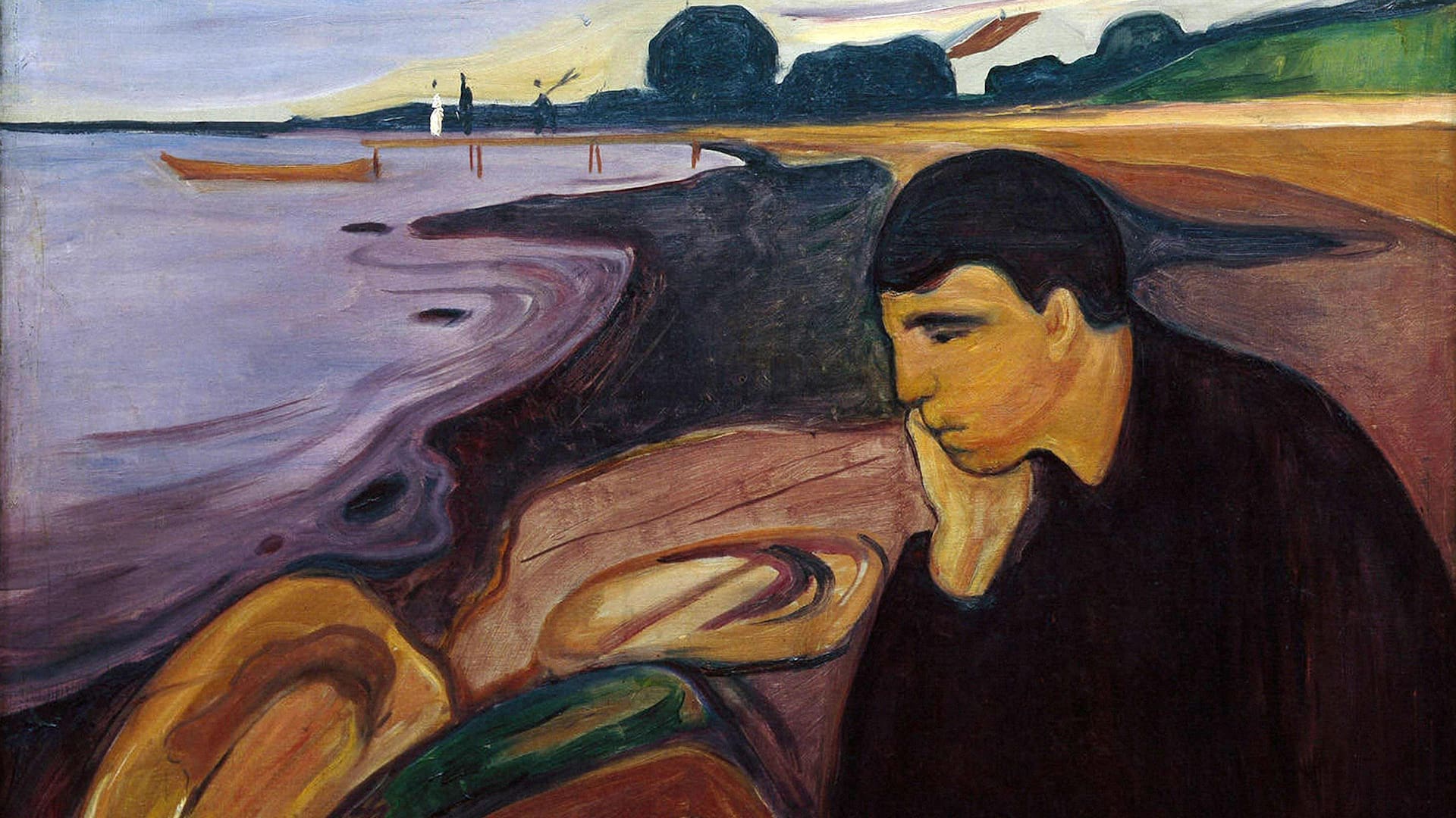 A person dressed in black sits pensively by a shoreline, with swirling water, boats, and trees in the background. The style is expressive and colorful, with an emotional and contemplative mood.