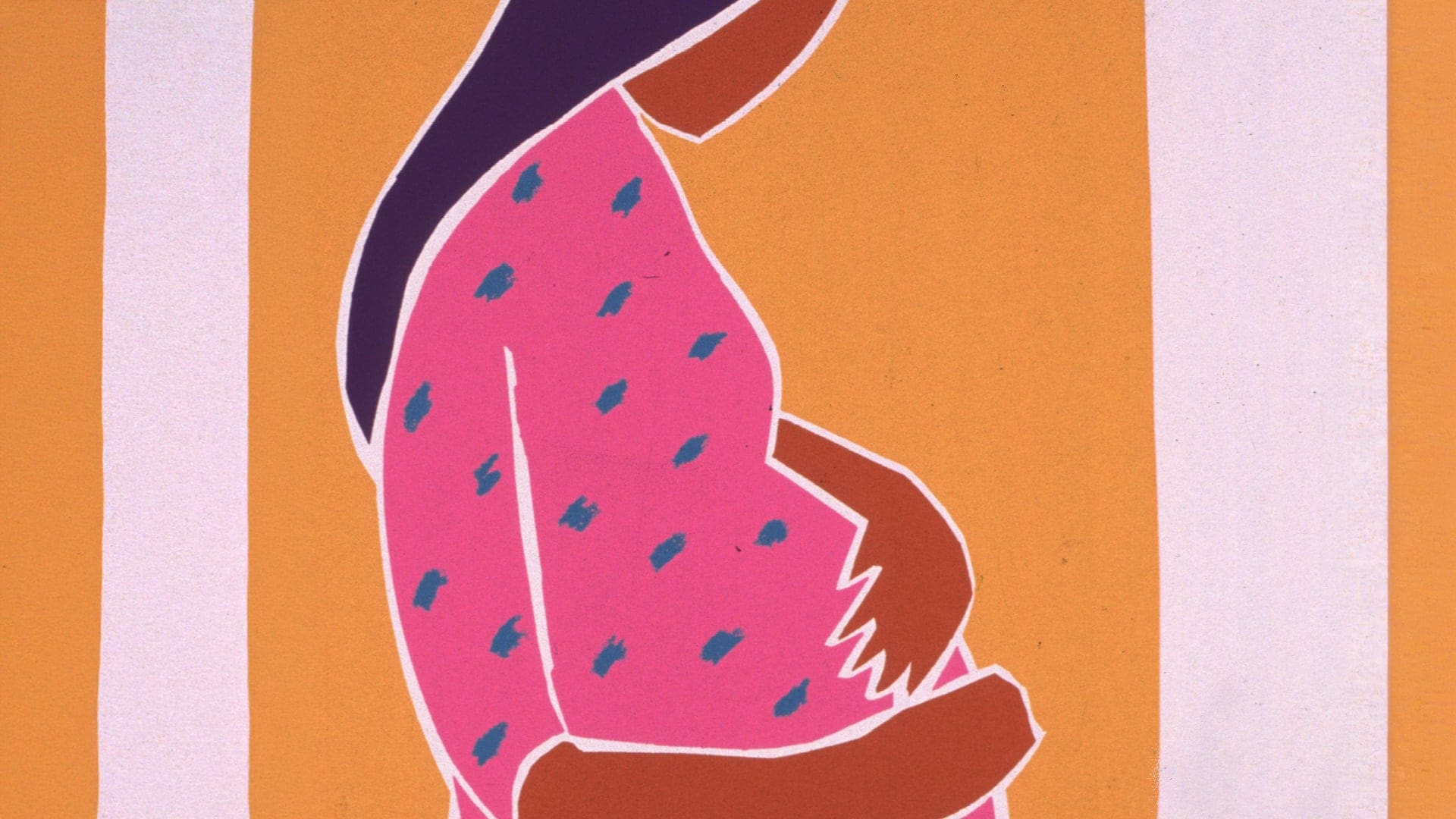 Illustration of a pregnant person with long hair holding their belly, wearing a pink patterned dress, set against an orange and white striped background.