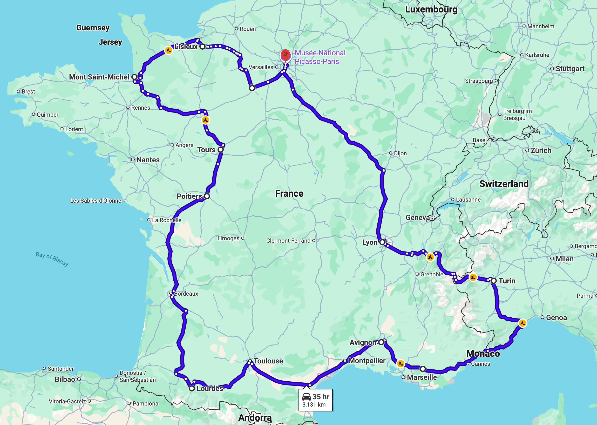 Map of France and surrounding areas showing a driving route loop that passes through major cities, landmarks like Monaco and Mont Saint-Michel, and neighboring countries, starting and ending at the Musée National Picasso-Paris.