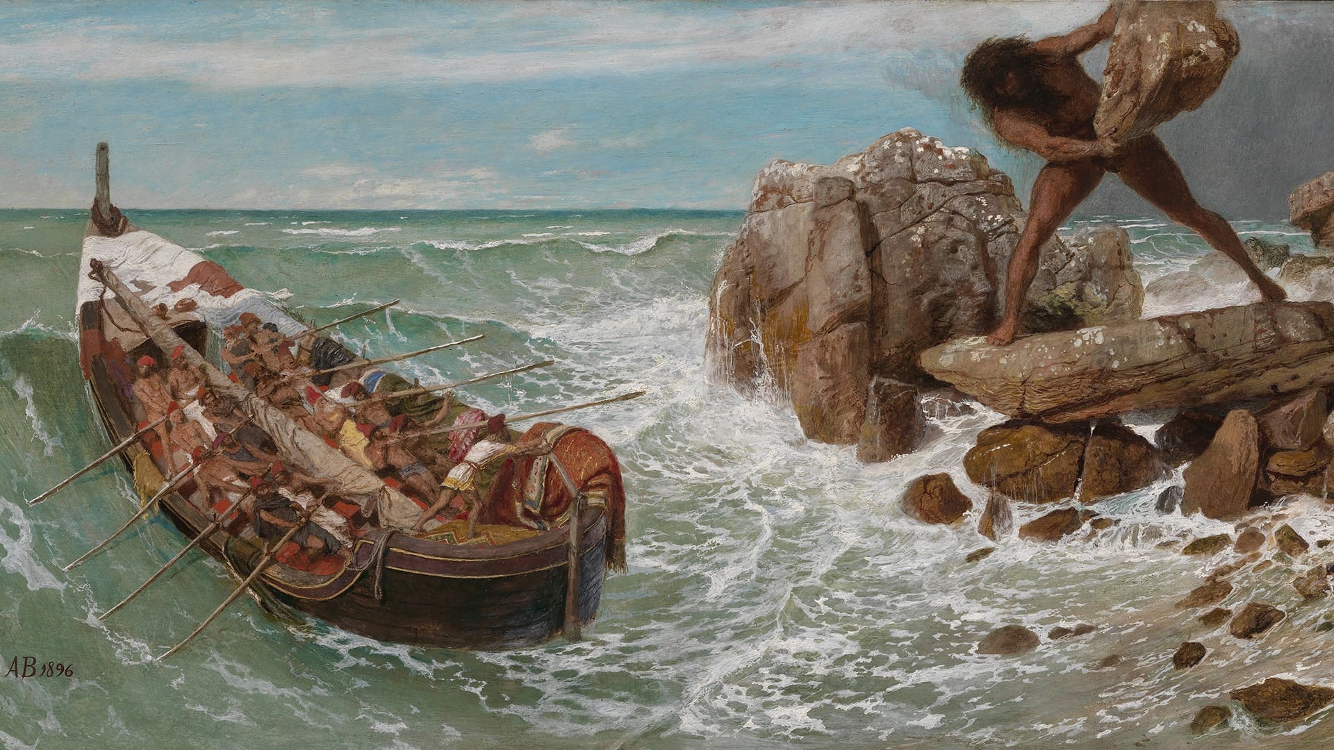 A giant stands on rocks, preparing to hurl a boulder at a boat filled with people rowing desperately in rough, green waves near a rocky shore under a cloudy sky.