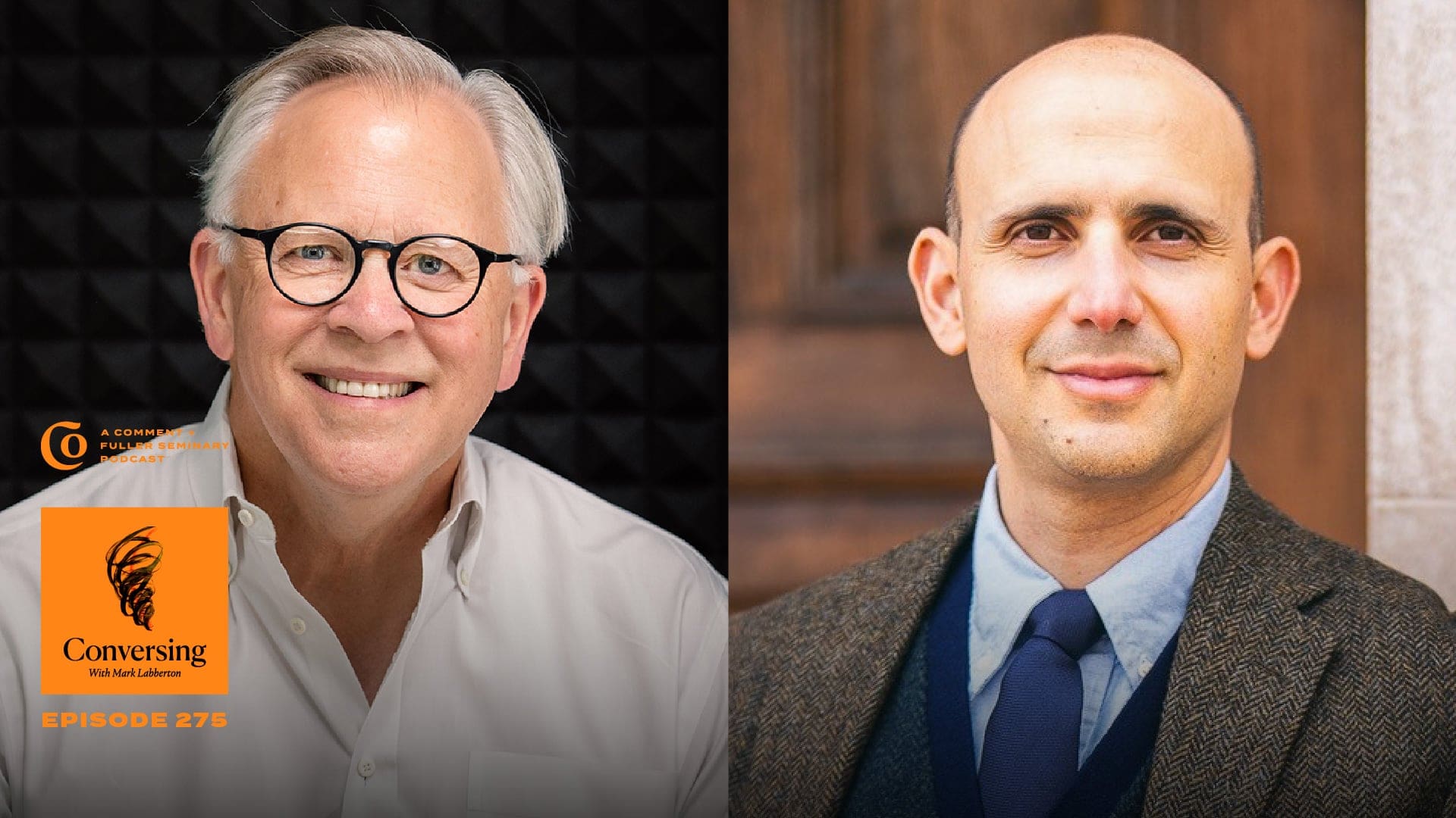 Split-screen image of two men: one older with white hair, glasses, and a light shirt; the other younger, bald, wearing a brown jacket, blue shirt, and tie. Conversing podcast logo and Episode 275 are visible in the lower left.