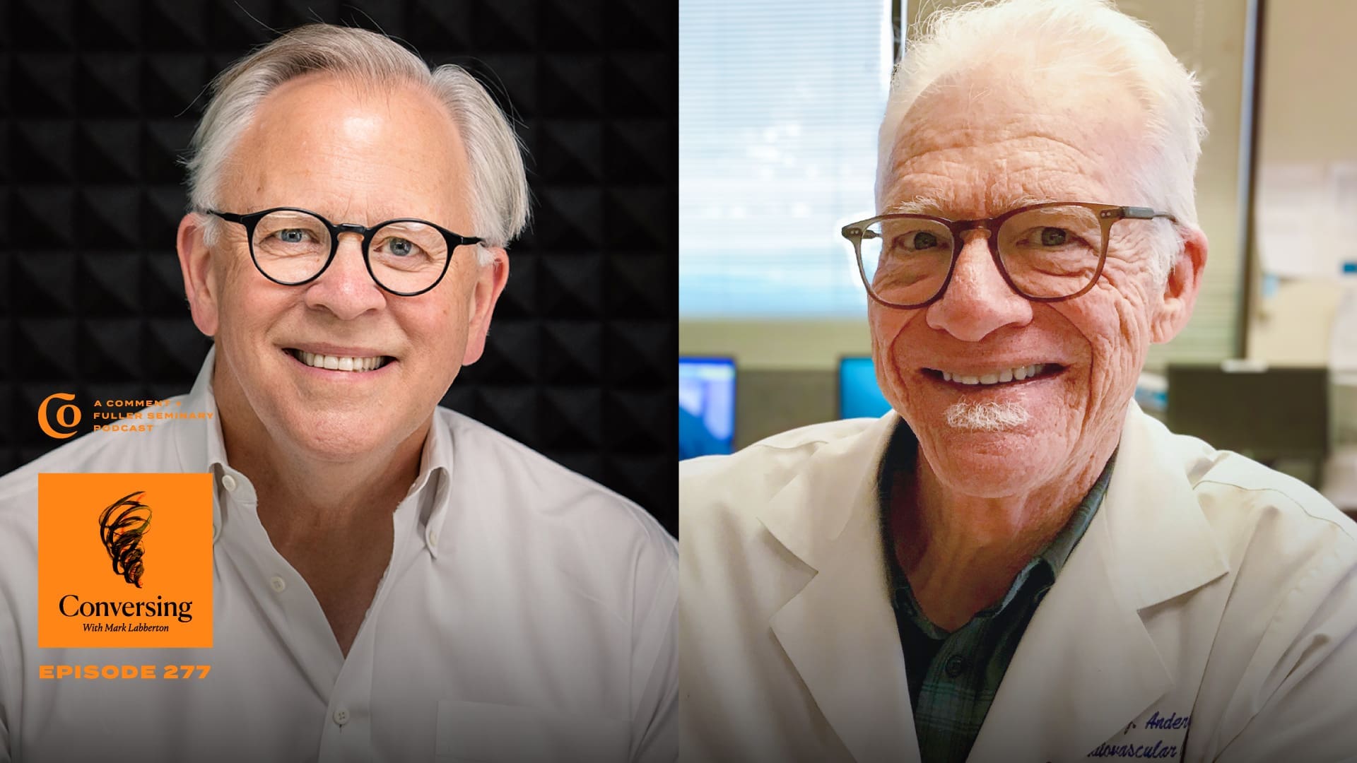 Two older men with white hair and glasses smile at the camera; one wears a white button-up shirt, the other a white lab coat. An orange Conversing podcast logo appears at the bottom left.