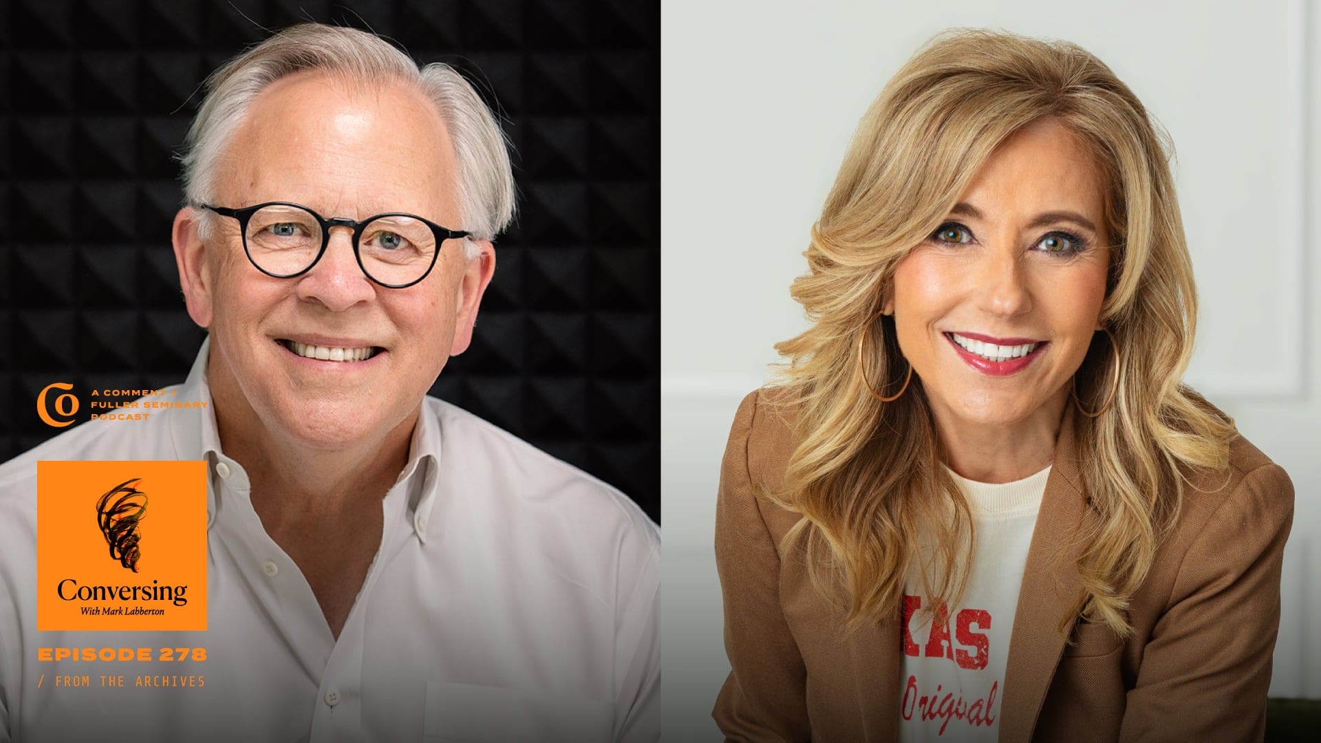 A smiling older man with glasses and white hair sits beside a smiling blonde woman with wavy hair. The left side shows a black soundproof wall and a podcast logo reading Conversing..