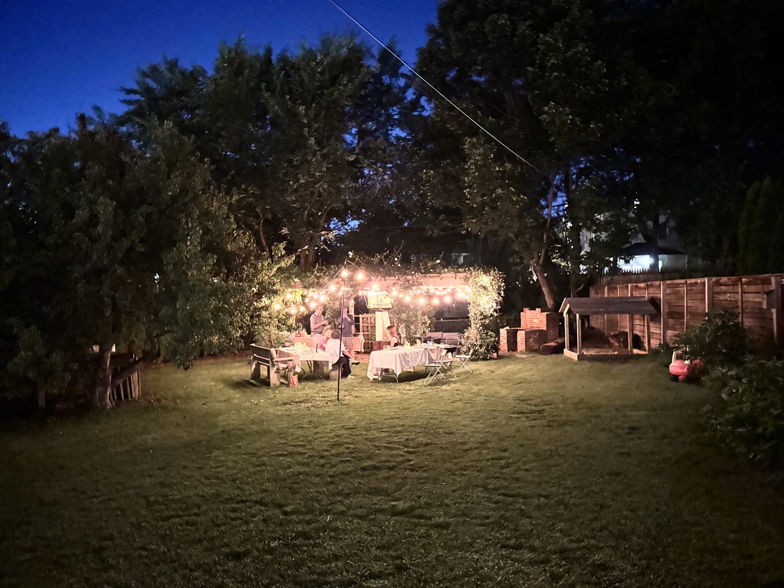 A backyard at dusk with string lights above a table set for a gathering, surrounded by trees and a wooden fence. A person stands near the table in the softly lit scene.