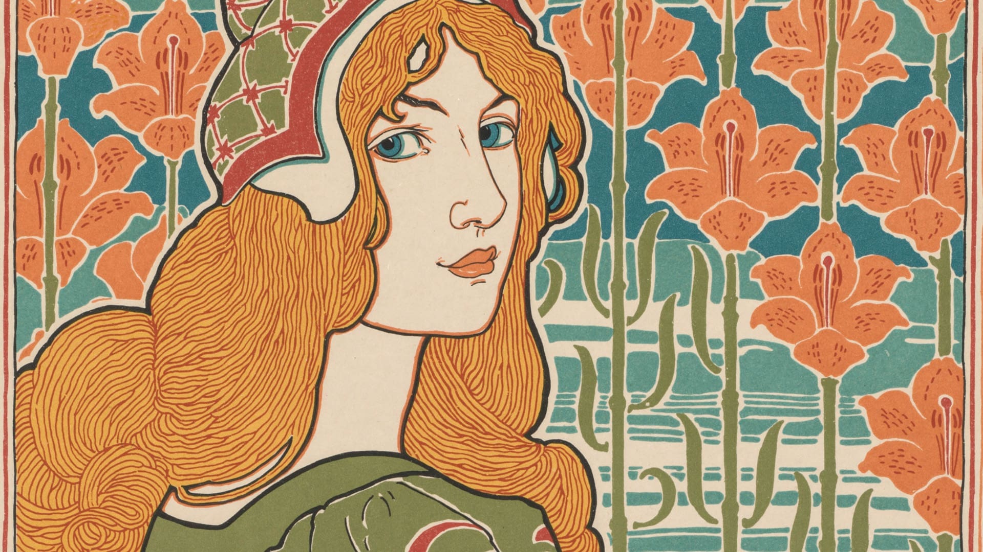Art Nouveau illustration of a woman with flowing red hair, blue eyes, and medieval-style headwear, in front of a background of stylized orange flowers and green leaves.
