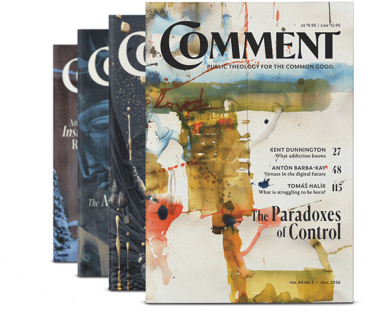 Four overlapping issues of Comment magazine, with the front cover titled The Anti-Human featuring abstract blue artwork of a face and hand, and article headlines by Christian Smith, L.M. Sacasas, and Sara Hendren.