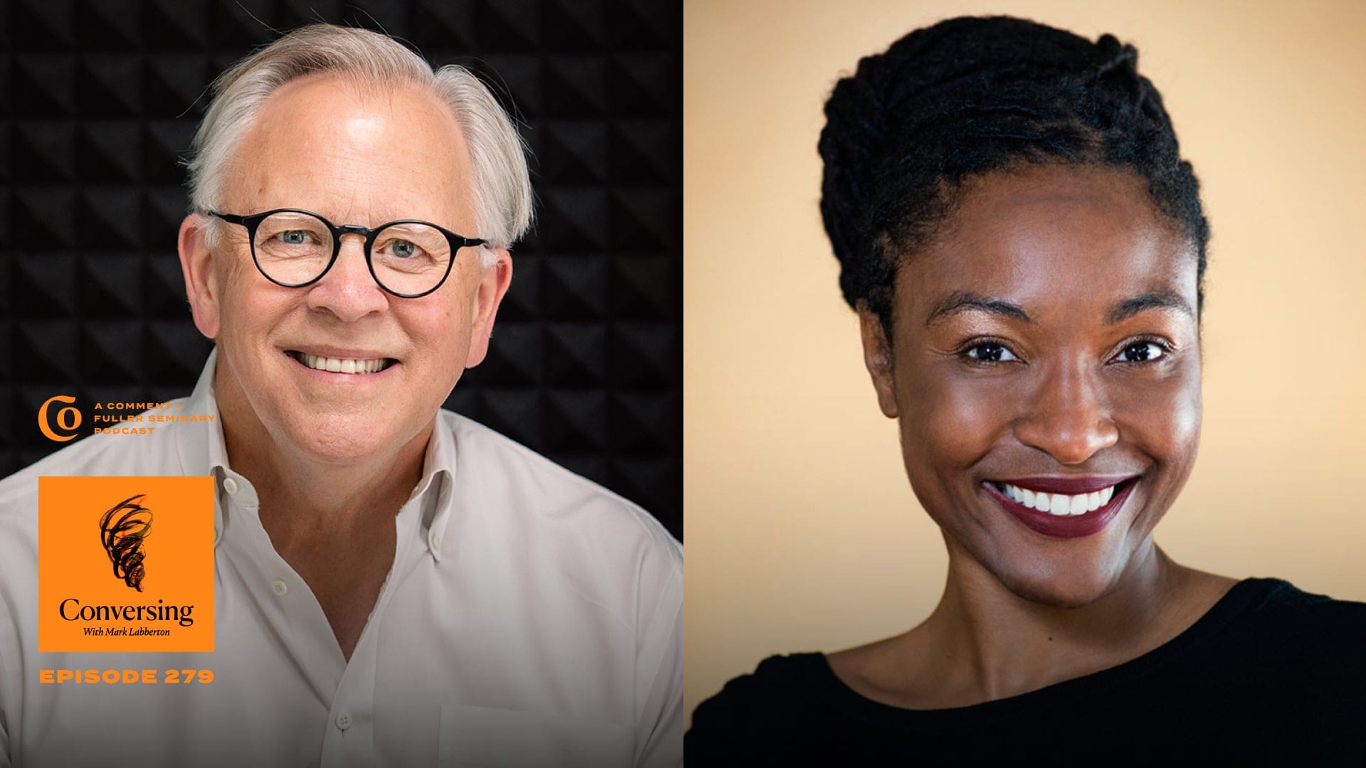 A split-screen portrait of Mark Labberton on the left, wearing glasses and a light shirt against a black background, and a smiling woman with dark braided hair on the right. An orange Conversing with Mark Labberton podcast logo is at the bottom.