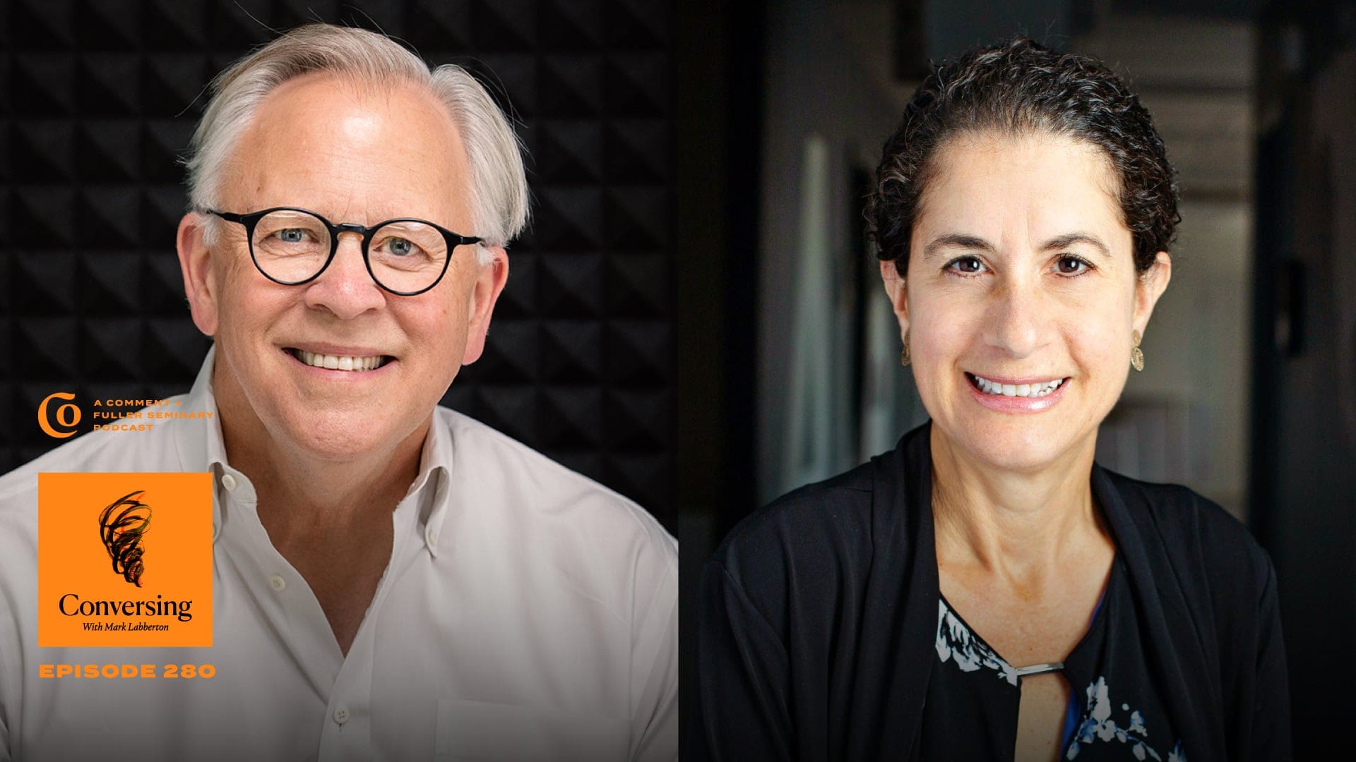 Two people, a smiling older man with glasses and a white shirt, and a smiling woman with dark curly hair and a black top, appear side-by-side. The image promotes Conversing podcast episode 280.