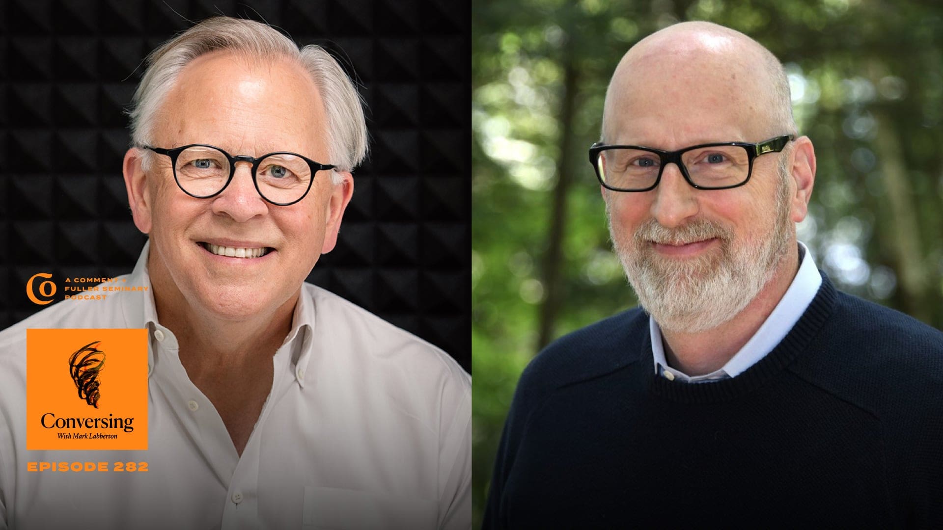 Two smiling men with glasses are pictured side by side; the left has white hair and a light shirt, the right is bald with a beard and wearing a dark sweater. The Conversing podcast logo appears in the bottom left corner.