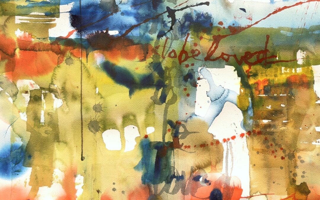 Abstract watercolor painting with splashes of blue, red, green, and yellow; layered textures and washes; the words hope loved are faintly visible near the center.