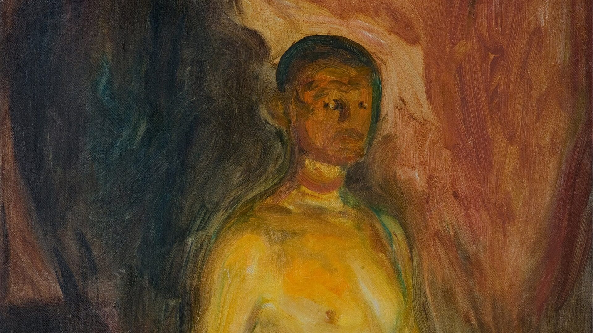 An expressionistic oil painting of a person with dark features and yellow skin, set against a background of dark and reddish brushstrokes.