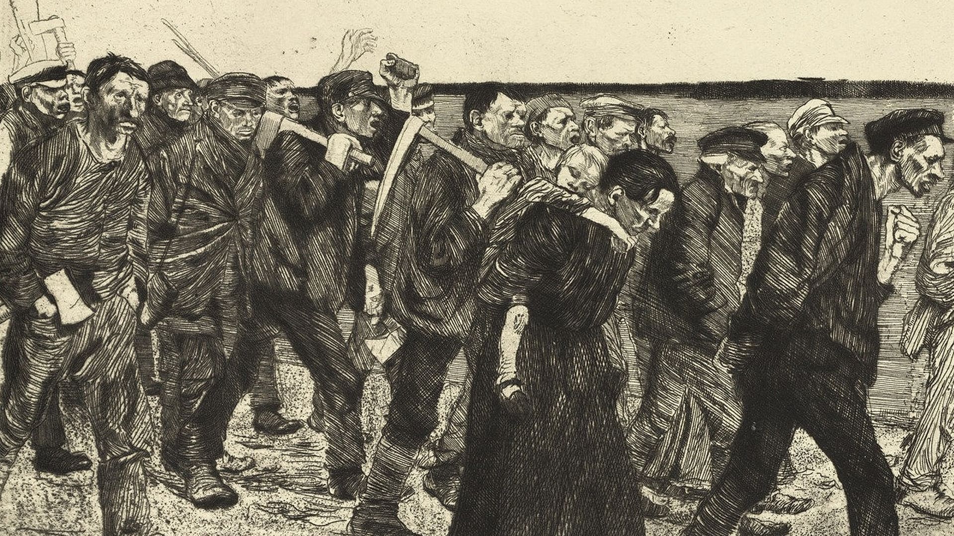 A black and white sketch depicts a group of weary workers or peasants walking together outdoors, carrying tools like shovels and hoes, dressed in worn clothing and hats, with somber expressions on their faces.