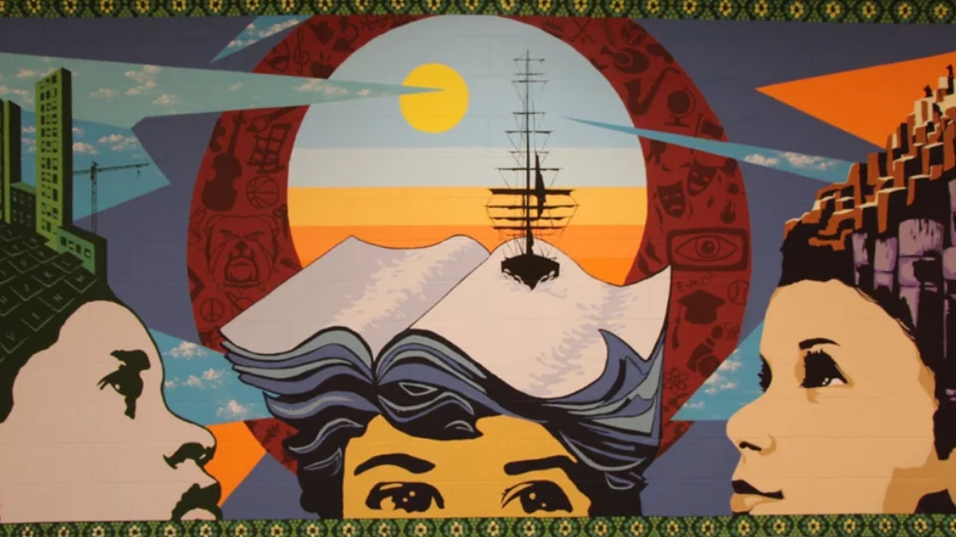 A colorful mural features three faces gazing toward a ship atop a mountain, with a sunrise and symbolic patterns in the background. The outer edges show cityscapes blending into the heads on either side.