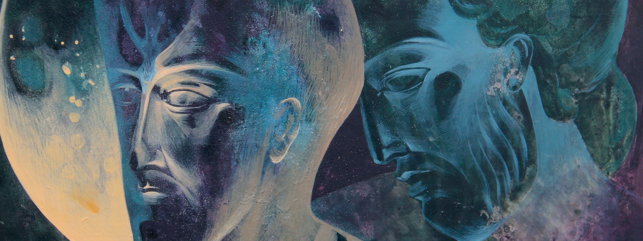 Two abstract, blue-toned faces with intense expressions appear close together, blending into a dark, textured background with light and shadow effects. The image evokes a sense of depth and emotion.