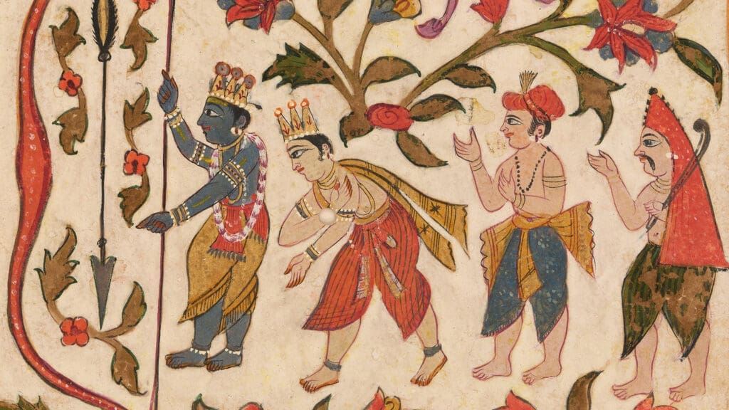 A traditional Indian painting depicts four figures in colorful attire and ornate jewelry, with floral patterns in the background. The leading figure has blue skin and a crown, and the others pose respectfully behind.