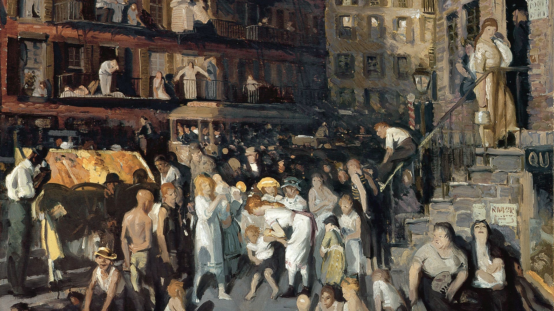 A busy city street scene at night with many people gathered, some dancing and socializing, surrounded by tall buildings and lit windows. The painting uses loose brushstrokes and dramatic lighting.